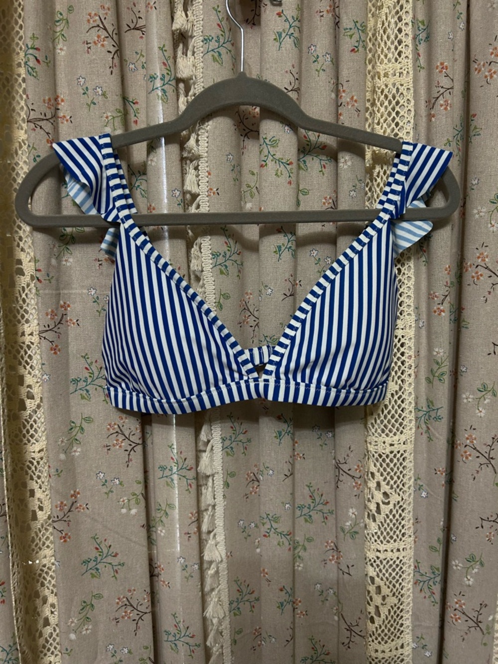 J.Crew Blue White Stripe Ruffle Bikini Top Triangle Swim Top M NWOT